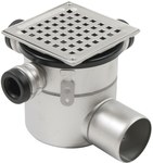 Adjustable body of the bathroom inlet with a grate (to be purchased siphon 502.050.110 and optional filter 502.000.000 S) square grate 145 x 145 horizontal outlet Ø75 MM, 3 side inlets