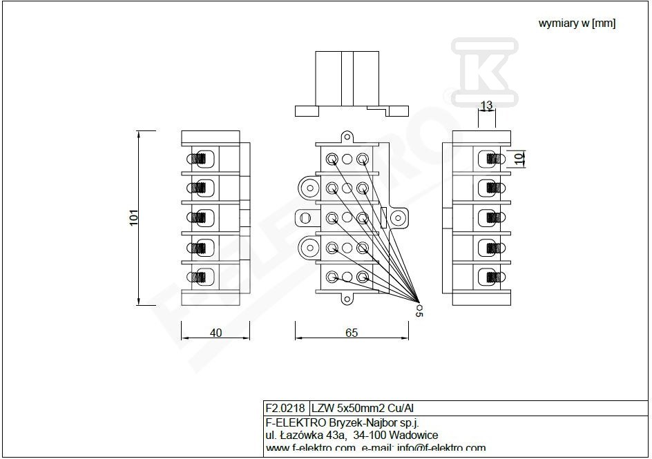 Listwa zaciskowa LZW 5x50mm2 Cu/Al. - F2.0218