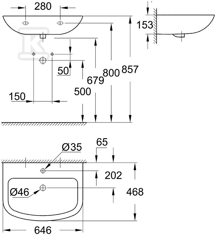 BAU Ceramic wall-mounted washbasin 65cm - 39420000