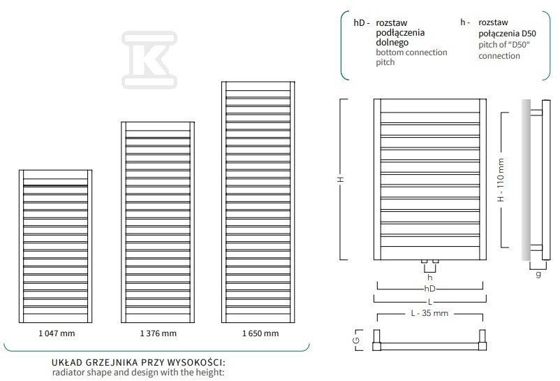 Grzejnik drabinkowy MODO 600X1047 583W, - MOD-60/100D50C31