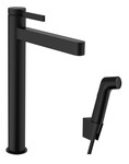 Bateria umywalkowa 260 z główką Bidette i wężem 160 cm, komplet odpływowy Push-Open Finoris czarny Matowy