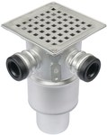 Adjustable bathroom inlet body with a grate (to be purchased siphon 502.050.110 and optional filter 502.000.000 S) square grate, vertical outlet Ø75 MM, with 2 side inlets