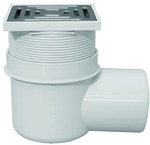 Wpust piwniczny DN75 z odejściem poziomym, z zasyfonowaniem i kratką ściekową ze stali szlachetnej 138x138mm