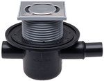 Wpust stropowy DN50 poziomy z dopływem DN40/50, ramą nasadową 123x123mm i rusztem ze stali szlachetnej, syfonem i zaworem stopowym