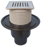 Wpust stropowy DN50/75/110 pionowy z kołnierzem przyłączeniowym, syfonem wodnym i nasadą ze stali szlachetnej 121x121mm z rusztem dekoracyjnym