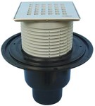 Wpust stropowy DN50/75/110 pionowy z kołnierzem przyłączeniowym, syfonem antyzapachowym i nasadą ze stali szlachetnej 121x121mm z rusztem dekoracyjnym