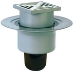 Wpust stropowy DN50/75/110 pionowy z kołnierzem przyłączeniowym, syfonem, ramą 147x147mm i rusztem ze stali szlachetnej K3-300 kg o wysokiej wydajności