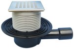 Wpust stropowy DN40/50 poziomy z kołnierzem przyłączeniowym, syfonem antyzapachowym i nasadą ze stali szlachetnej 121x121mm z rusztem dekoracyjnym
