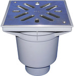 Wpust podwórzowy Perfekt DN160 z odejściem pionowym, ramą z tworzywa sztucznego 244x244mm, kratką ściekową ze stali szlachetnej 226x226mm, syfonem i koszem osadczym