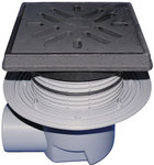 Major drain Perfect DN110 with a horizontal outlet and a connecting flange, a 260x260mm cast iron frame, a 226x226mm cast iron grate, an anti-odor damper and a sludge basket