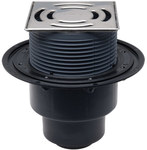 Wpust stropowy DN50/75/110 pionowy, zasyfonowanie wodne, regulacja zabudowy 8-80mm, rama osadcza ze stali szlachetnej 145x145mm 'Klick-Klack', kratka ściekowa ze stali szlachetnej 138x138mm, zaślepki montażowe