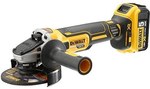 Bateriový systém DEWALT 18V XR Li-Ion 125mm bezuhlíková úhlová bruska s 2 x 5,0 Ah bateriemi, nabíječka a pouzdro, 1000 W, posuvný spínač, rychlost 9000 ot./min., závit vřetena M14, 2polohová boční rukojeť, bez nářadí chránič štítu, klíč.