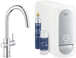 Zestaw startowy Grohe Blue Home z wylewką w kształcie C, chrom, bateria, filtr 600 l, chłodziarka i butla CO2, dostęp do wody zwykłej i filtrowanej / gazowanej, kąt obrotu wylewki 360° moduł Buetooth, głowica Ceramiczna 28 mm, wyciągana wylewka