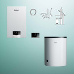 Boiler package VC 15CS/1-5 ecoTEC plus with storage VIH R 120/6B, connection kit and sensoCOMFORT 720f radio system controller. SPS to the shaft