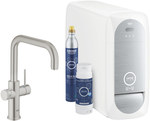 Zestaw startowy Grohe Blue Home z wylewką w kształcie U, stal nierdzewna, bateria, filtr 600 l, chłodziarka i butla CO2, dostęp do wody zwykłej i filtrowanej / gazowanej, kąt obrotu wylewki 150° moduł Buetooth, głowica Ceramiczna 28 mm