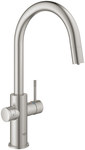 Zestaw startowy Grohe Blue Home z wylewką w kształcie C, stal nierdzewna, bateria, filtr 600 l, chłodziarka i butla CO2, dostęp do wody zwykłej i filtrowanej / gazowanej, kąt obrotu wylewki 360° moduł Buetooth, głowica Ceramiczna 28 mm, wyciągana wylewka