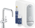 Zestaw startowy Grohe Blue Home z wylewką w kształcie U, chrom, bateria, filtr 600 l, chłodziarka i butla CO2, dostęp do wody zwykłej i filtrowanej / gazowanej, kąt obrotu wylewki 150° moduł Buetooth, głowica Ceramiczna 28 mm