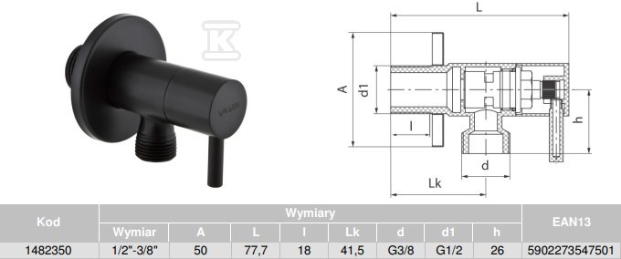 Zawór kątowy Vega Black czarny głowicą - 1482350