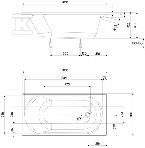 Opal Plus rectangular bathtub 140x70 cm - XWP1240000