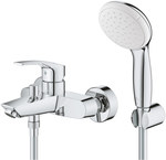 Bateria wannowa Grohe Eurosmart jednouchwytowa, chrom, montaż ścienny natynkowy, głowica Ceramiczna 35 mm, regulowany ogranicznik strumienia, z zestawem prysznicowym