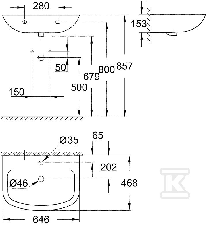 BAU Ceramic wall-mounted washbasin 65cm - 39420000