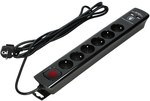 Surge protector, 6 sockets 2P+Z, cable 3x1.0mm, length 3m, black, 10A/230 VAC, with surge protector - type 3, charger 2xUSB 2.1A, white