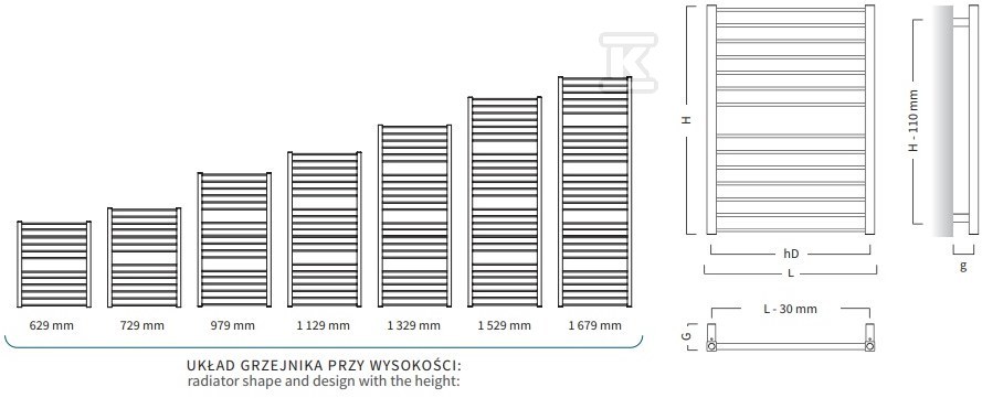 Grzejnik drabinkowy PIKO 430X979, 370W, - PIK-40/100C31