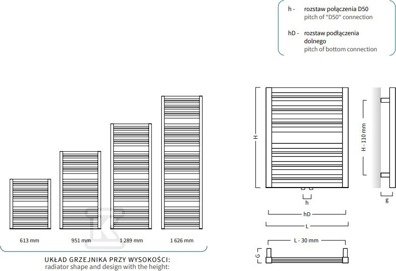 Grzejnik drabinkowy CODE 600X1289 756W, - COD-60/130D50C31