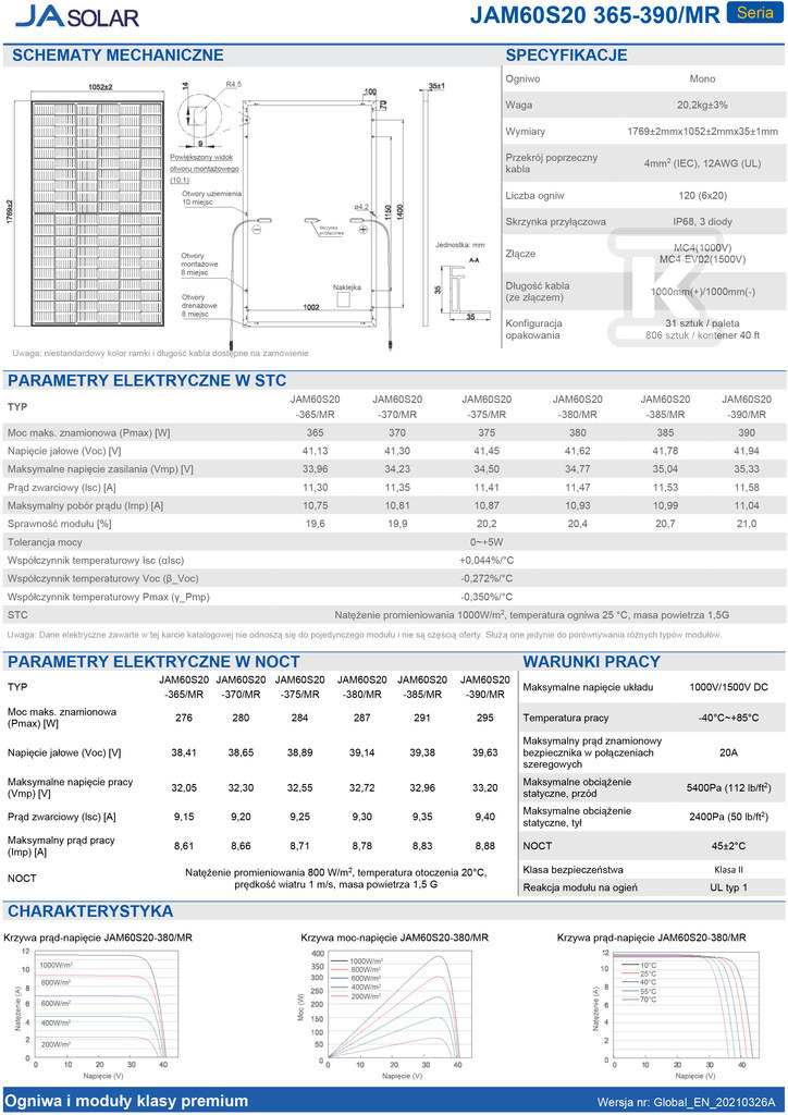 Panel fotowoltaiczny 385W JA Solar - JAM60S20-385/MR_BF