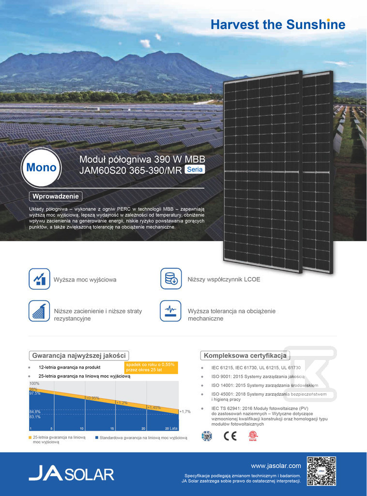 Panel fotowoltaiczny 385W JA Solar - JAM60S20-385/MR_BF