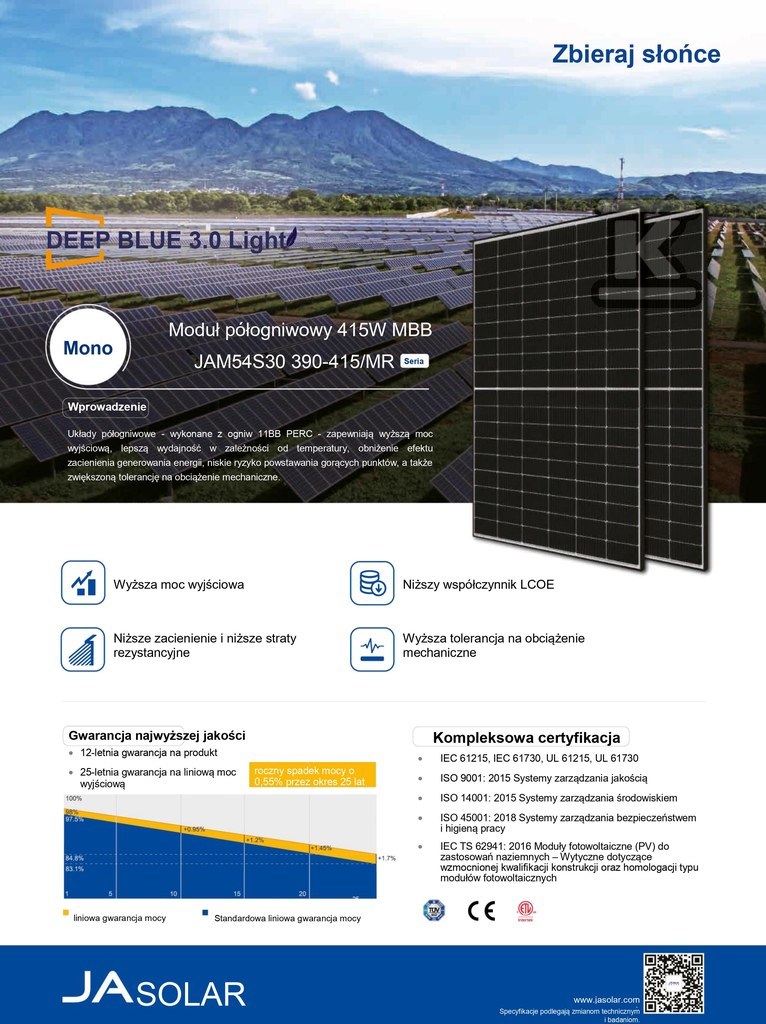 Panou fotovoltaic 410W JA Solar, cadru - JAM54S30-410/MR_BF