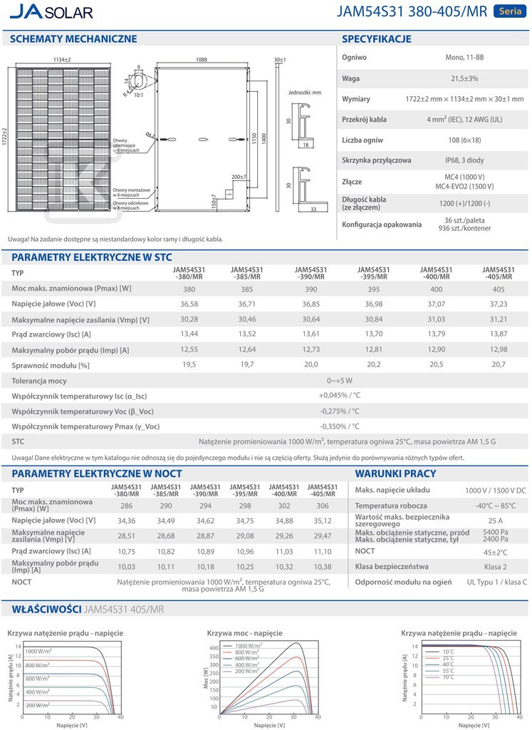 Panel fotowoltaiczny 395W JA Solar - JAM54S31-395/MR_FB