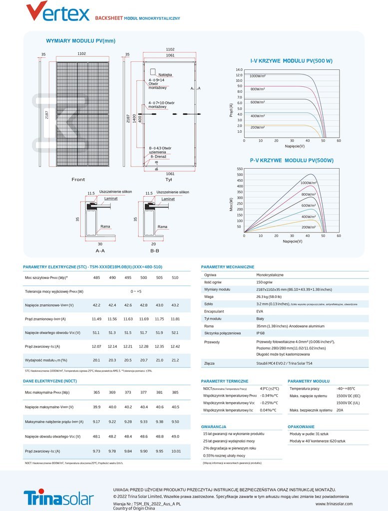 Panel fotowoltaiczny 505W PREMIUM Trina - TSM-505-DE18M.08 BF