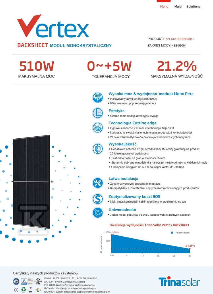 Panel fotowoltaiczny 505W PREMIUM Trina - TSM-505-DE18M.08 BF
