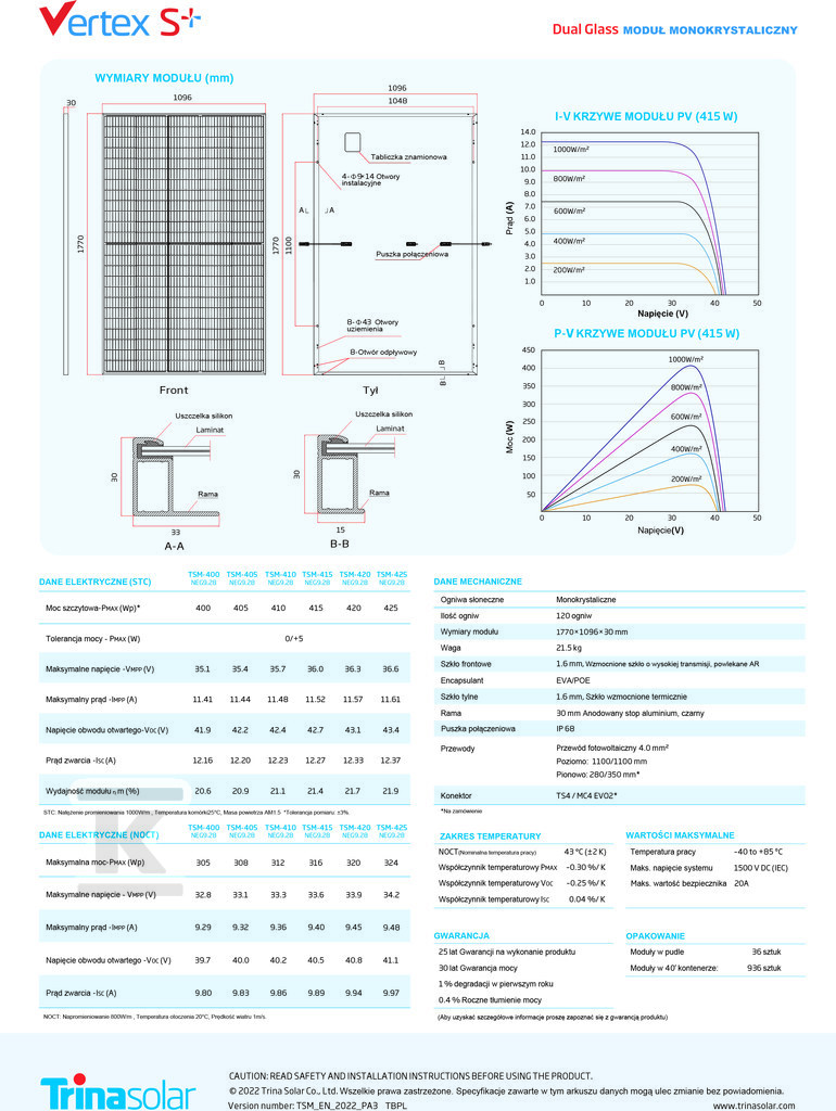 Photovoltaic panel Trina Solar 410 Wp - TSM-410-NEG09.28