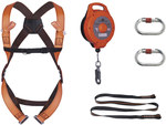 Комплект готовий до використання: страхувальні ремені з 2 точками кріплення (har12), самогальмуючий пристрій зі сталевим тросом 10 м (an123t), анкерна стрічка 2 м (lo030), 2 am002 помаранчевий S/M/L