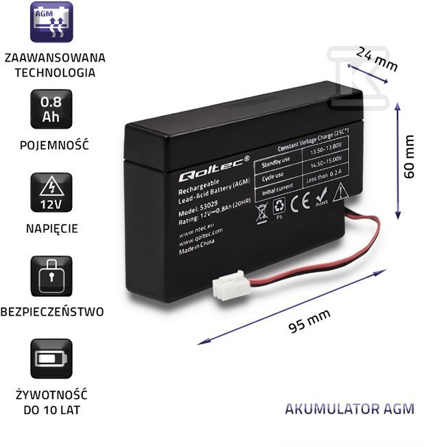 AGM battery 12V 0.8Ah max. 12A - 53029