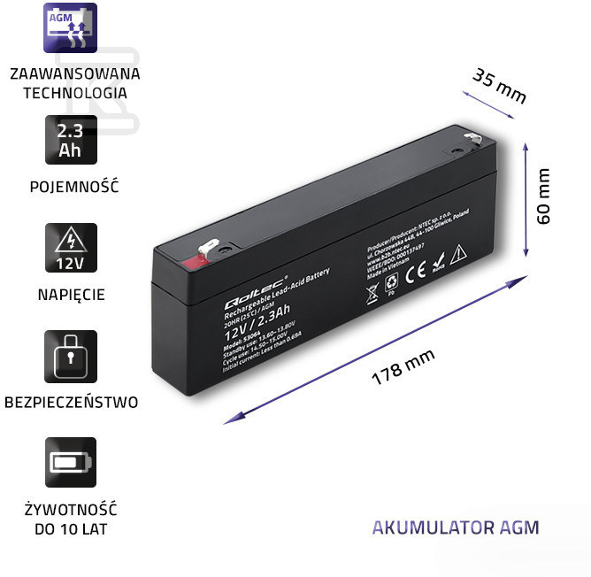 AGM battery 12V 2.3Ah max. 34.5A - 53064