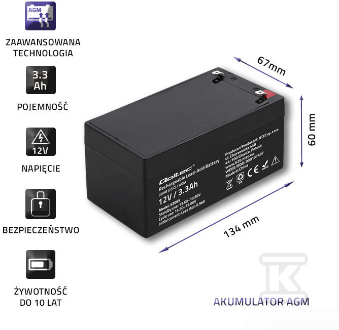 AGM battery 12V 3.3Ah max. 49.5A - 53065