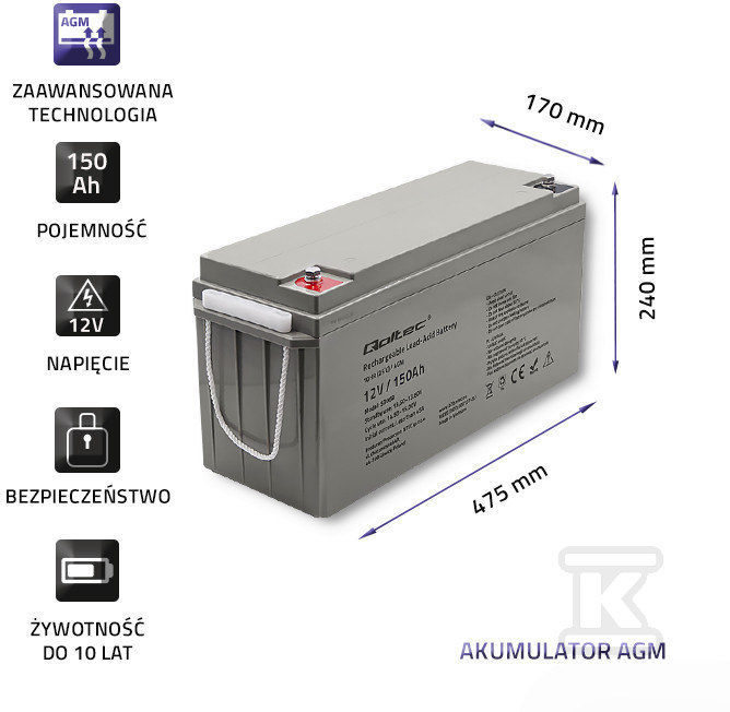 AGM baterija 12V 150Ah mak. 2250A - 53068