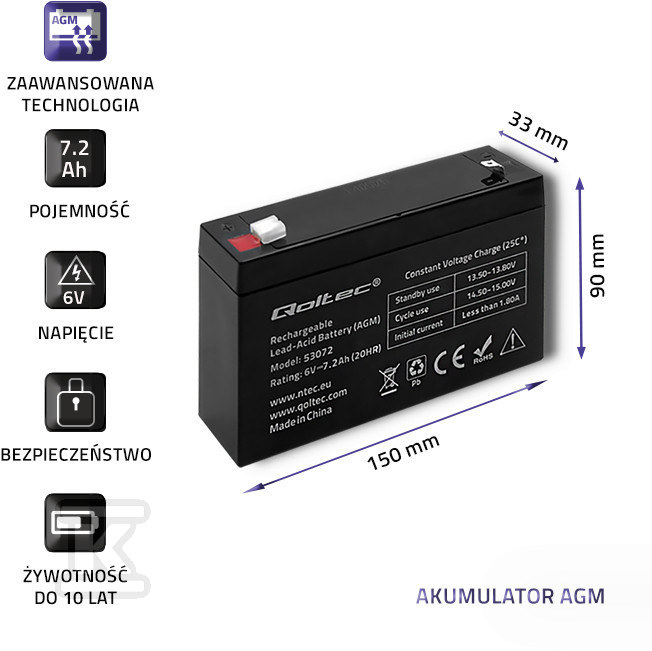 AGM akkumulátor 6V 7,2Ah max. 64,8A - 53072