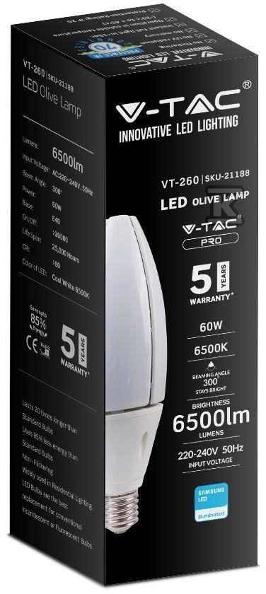 V-TAC LED žárovka 60W E40 VT-260 4000K - 21187