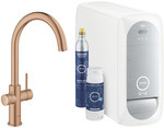 Zestaw startowy GROHE Blue Home z wylewką w kształcie C, brushed warm sunset, bateria, filtr rozmiar S, chłodziarka i butla CO2, dostęp do wody zwykłej i filtrowanej/gazowanej kąt obrotu wylewki 150°, moduł Buetooth, głowica ceramiczna 28 mm