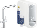 Zestaw startowy GROHE Blue Home z wylewką w kształcie L, chrom, bateria, filtr rozmiar S, chłodziarka i butla CO2, dostęp do wody zwykłej i filtrowanej/gazowanej, kąt obrotu wylewki 150°, moduł Buetooth, głowica ceramiczna 28 mm