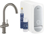 Zestaw startowy GROHE Blue Home z wylewką w kształcie C, brushed hard graphite, bateria, filtr rozmiar S, chłodziarka i butla CO2, dostęp do wody zwykłej i filtrowanej/gazowanej kąt obrotu wylewki 150°, moduł Buetooth, głowica ceramiczna 28 mm