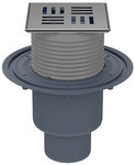 Wpust stropowy DN50/75/110 pionowy z kołnierzem przyłączeniowym, syfonem antyzapachowym Primus blue i nasadą ze stali szlachetnej 121x121mm z rusztem dekoracyjnym