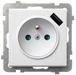 Gniazdo pojedyncze z uziemieniem z przesłonami torów prądowych, z ładowarką USB, biały mat SONATA