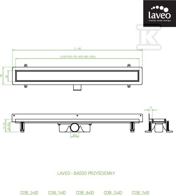 Odpływ liniowy BASSO przyścienny 80 cm - COB_281D