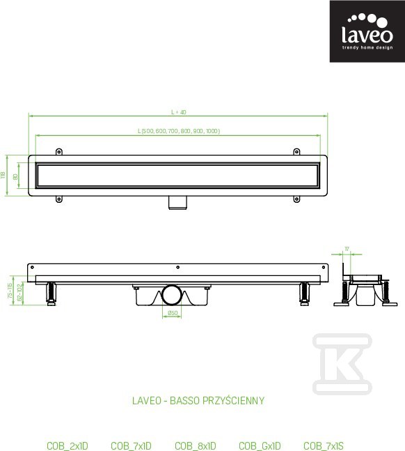 Odpływ liniowy BASSO przyścienny 60 cm, - COB_761S