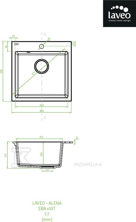 Zlew granitowy ALENA 1 komorowy 49x49cm - SBA_710T